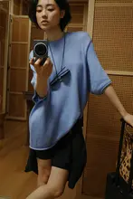 感のあるブルーのラウンドネック短袖ニットトップス【夏用・ゆったり・女性用】