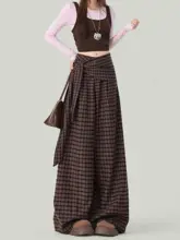 アメリカンヴィンテージ風 チェック柄 ワイドレッグパンツ【高腰・フィット・春用】（セットアップ対応）