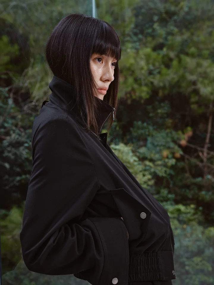 格子柄切替黒ジャケット【ショート・タイトフィット・スタッズ付き】
