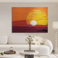 日出風景の手描き油絵【モダンシンプル・リビングルーム用・横幅デザイン】