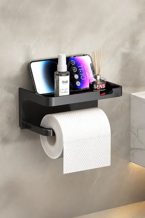 穴あけ不要の壁掛けトイレットペーパーホルダー【収納棚付き・バスルーム用】