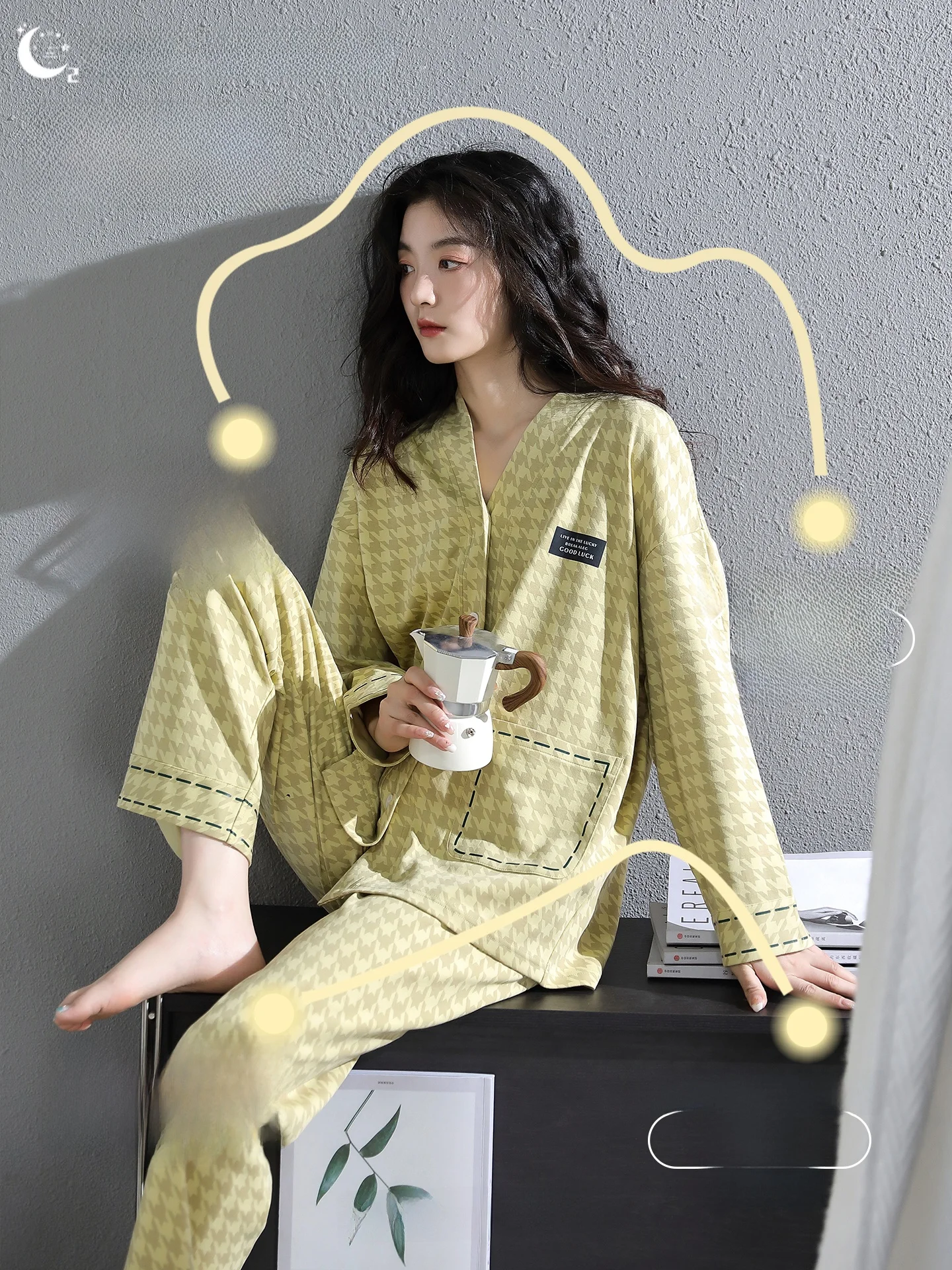 千鳥柄のルームウェア【長袖・ロングパンツ・春秋用】（セットアップ対応）