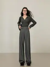 高腰グレー女性用ワイドパンツ【春夏・フィット・スーツスタイル】