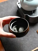 陶製黒色主人用茶碗【シンプルデザイン・紫のアクセント・功夫茶具】