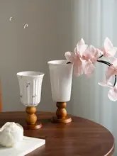 ヴィンテージ風フランススタイルの木製陶器フラワーベース【水栽培・高脚デザイン・リビング・ダイニング用装飾】