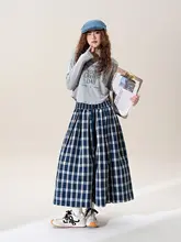 ブルーのチェック柄カジュアルパンツ【ウエストゴム・シルエット・春用】（セットアップ対応）