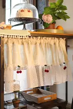 北欧風 チェリー刺繍付きレース短いカーテン【コットンリネン・小窓用・ドアカーテン】