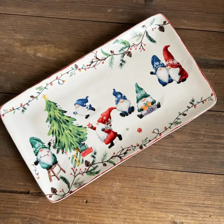 クリスマスシリーズ 陶器製サンタクロースデザイン長方形プレート【アメリカンカントリー風・ディスプレイ用】
