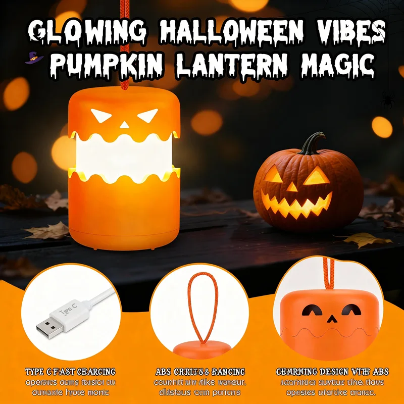 アウトドアキャンプライト：ハロウィン向けかぼちゃデザインの充電式吊り下げライト