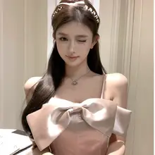 デザイン性のあるレトロフレンチスタイルのワンショルダーイブニングドレス【立体リボン・キャミソール】