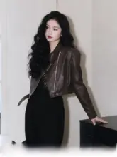 TAIYANG レトロデザインのショートレザージャケット【ダークブラウン・バイクスタイル・女性用】