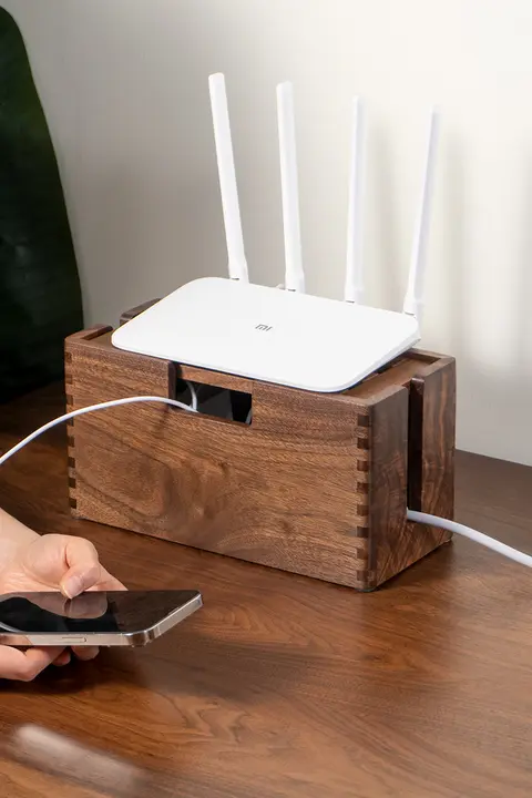 ケーブルボックス タップ収納 ルーター収納 ブラックウォールナット 天然木 卓上 配線整理