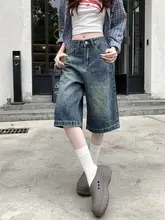 ヴィンテージ風ダークブルー五分丈デニムパンツ【夏用・ハイウエスト・ストレート・ワイドレッグ】