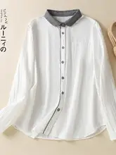 コットンリネン配色のドールカラーシャツ【春用・女性・スリーブ長め・ルーズフィット・文芸風】