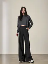 小柄女性向け ダークグレー ウール製 ハイウエストワイドパンツ【秋用・極上の柔らかさ・フィット】
