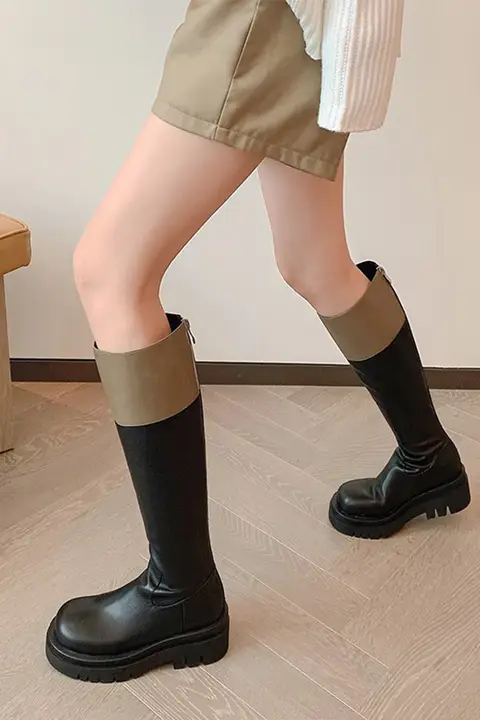カラーブロックデザインのロングブーツ【高筒・粗いヒール・本革・膝下丈】