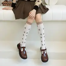 秋冬用 レディース 中筒ソックス【花柄・リボンデザイン・レトロ風】
