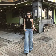 デニムパンツ レディース ワイド ストレート ウォッシュドブルー ゆったり カジュアル きれいめ 夏「MULVAN」