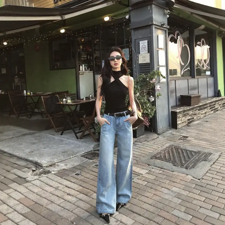 デニムパンツ レディース ワイド ストレート ウォッシュドブルー ゆったり カジュアル きれいめ 夏「MULVAN」