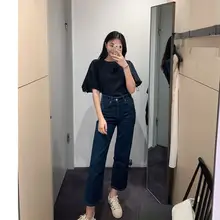 復古風折り返しストレートデニムパンツ【深い青・ハイウエスト・シンプルコーデ】