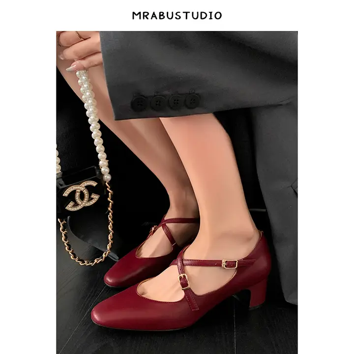 真皮製 ボルドーカラーのクロスベルトマリジェンシューズ【ローヒール・ドレススタイル】