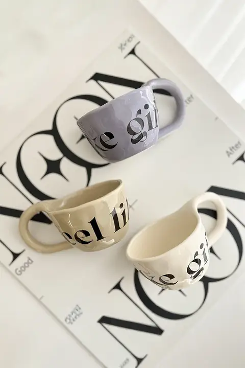 マグカップ 長柄ハンドル アルファベットデザイン ハンドメイド かわいい 家庭用 コーヒー おしゃれ