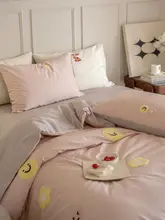 かわいいタオル刺繍の100Sサテン長綿100%四点セット【ベッドカバー・シーツタイプ・全棉】