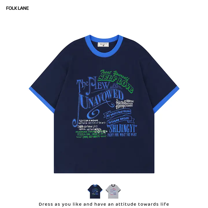 アメリカンヴィンテージ風カラーコンビネーションプリント半袖Tシャツ【ユニセックス・コットン製・学院風】（セットアップ対応）