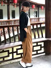 夏用 文芸風 レトロデザイン レディース ブラウンのウエストゴム 九分丈 ワイドパンツ