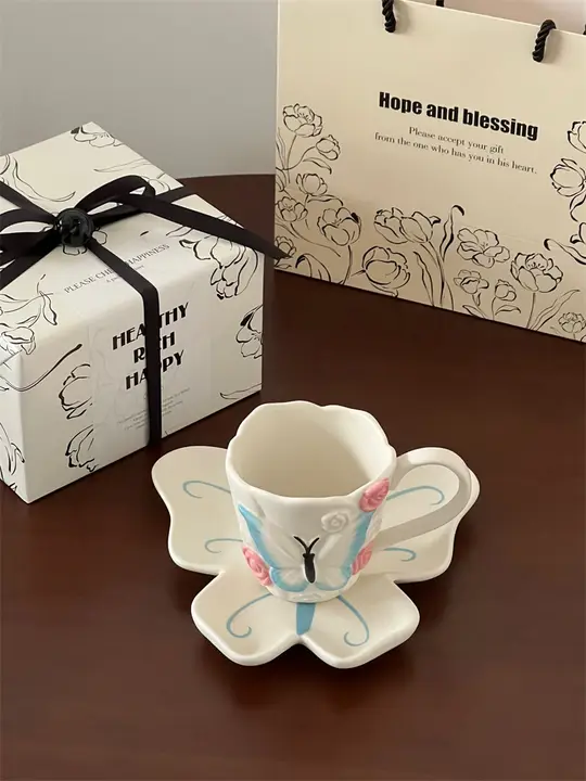 手作りギフトボックス入り 陶器製バタフライデザインカップ【コーヒー用・アフタヌーンティーセット】