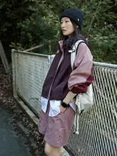 日系レトロ配色フード付き短丈カーディガン【秋用・ゆったり・女性用】