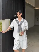 セットアップ メンズ 長袖シャツ ハーフパンツ ケープデザイン ストライプ バイカラー オフィスカジュアル きれいめ 上品 「cuibuju」