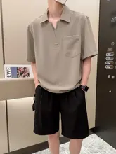 夏用 メンズVネック半袖シャツ【二重デザイン・アイスシルク・ノーアイロン】