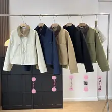 アメリカンビンテージ風カラーコンビネーションのフロントポケット付きジャケット【スタイリッシュ・着やせ効果】