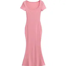 コットン素材のシンプルロングフィッシュテールドレス【短袖・リッチスタイル・小柄対応】