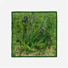 華やかなデザインの植物モチーフシルク風スカーフ【ヴァン・ゴッホ風・ダイジ草花】