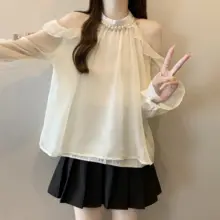 大きいサイズ フレンチスタイル ノースリーブ長袖ブラウス【春用・シフォン・オフショルダー】