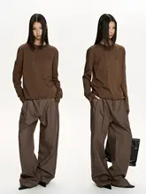 ビンテージ風ショート幅広長袖Tシャツ【不規則デザイン・ボタン付き・ラウンドネック・スリム効果】