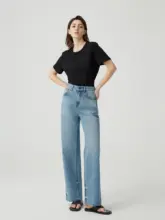 LRRE 洗い加工高腰ストレートデニムパンツ【レディース・ゆったり・カジュアル・スリム効果】