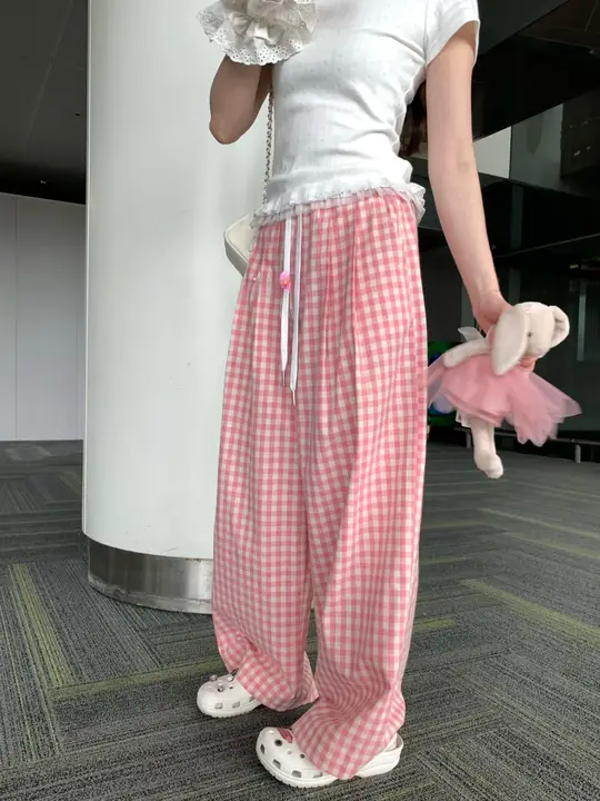 甘美な気泡水デザインの高腰ピンクチェック広がりパンツ【スタイル・スリム効果】