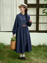 純棉の翻領デニムワンピース【レトロ風・春用・中丈・ブルー】