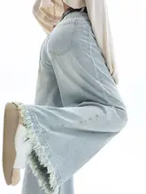 薄いカラーのフリンジワイドレッグデニムパンツ【カジュアル・フィット・小柄向け】（セットアップ対応）