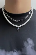 二重重ね着用パールネックレス【メープルリーフペンダント・クレバスデザイン】