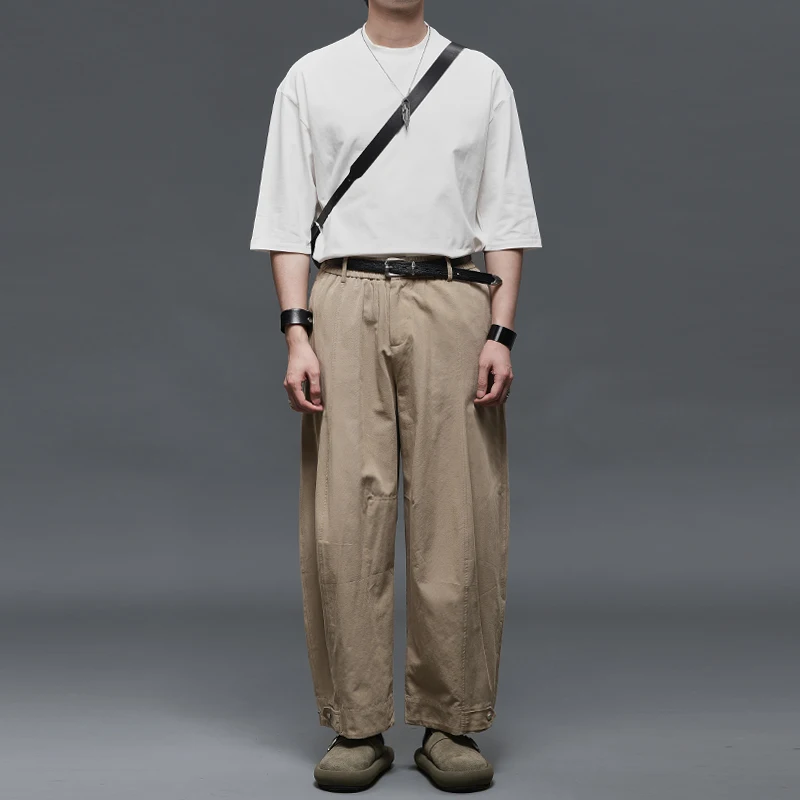 メンズワイドパンツの着こなしを実現する：ルーズフィットラムシェイプカシミア感のフレンチスタイル九分丈パンツ