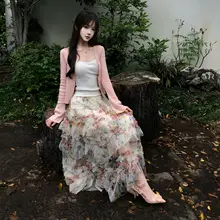 春夏用ピンクニットカーディガン【長袖・フリルスカート・キャミソール付き】（セットアップ対応）