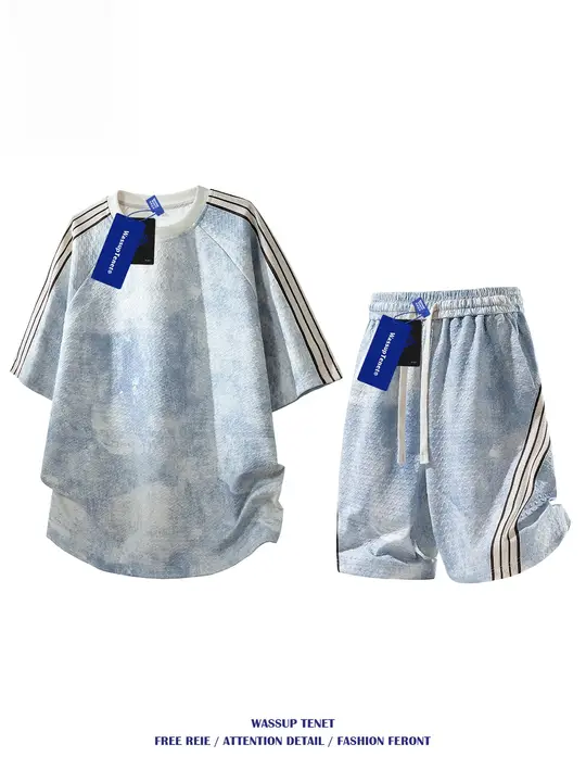 レトロタイダイストライプの半袖Tシャツとショートパンツ【夏用・ゆったりフィット・カジュアル】（セットアップ対応）
