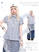 ドットチェック柄フリル袖ショートシャツ【ウエストマーク・ガーリー・レディース】