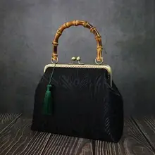 手提げバッグ【竹柄・黒いフェザー・中華風・ハンドメイド・母の日ギフト】