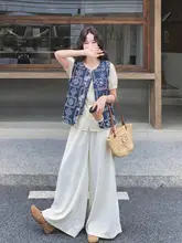 ヴィンテージ風 刺繍エプロンベスト【カラーコンビネーション・パフスリーブ・ワイドパンツ・夏用】（セットアップ対応）