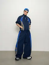撞色デザインの肩パッド付きショートスリーブジャケット【カジュアルスタイル・ゆったりシルエット】（セットアップ対応）